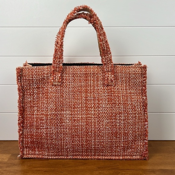 Kooreloo tweed large tote in orange leather handles shoulder bag gold buttons - Picture 7 of 12